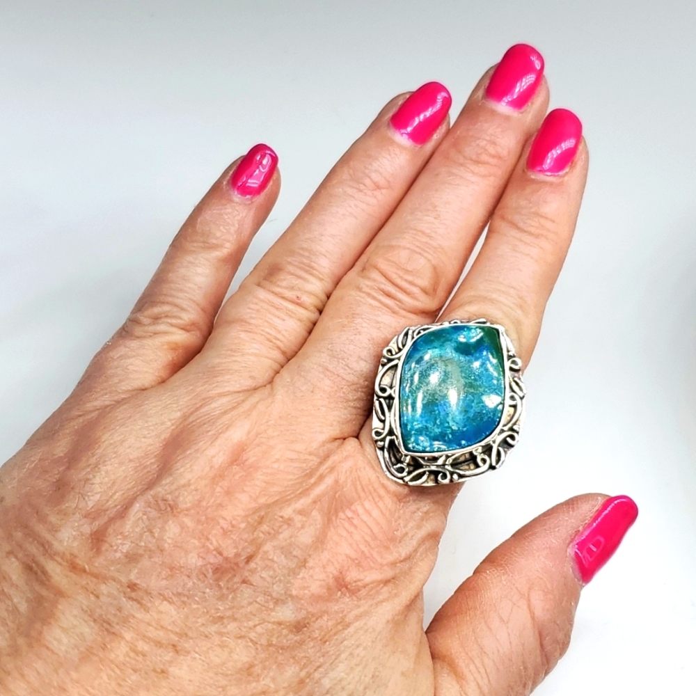 Peruvian Opalina Sterling Silver Ring Artisan Blue Green Stone Size 7 NWT - Picture 7 of 8